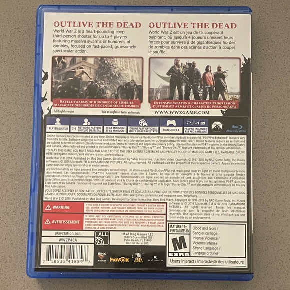 Sony PS4 World War Z Blue Case Video Game - Picture 2 of 3